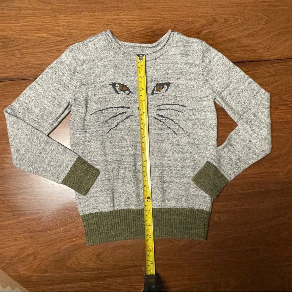 Kids GAP Heather Gray Sweater with Cat Face and Olive Trim 100% cotton sz 6/7 - Picture 6 of 9
